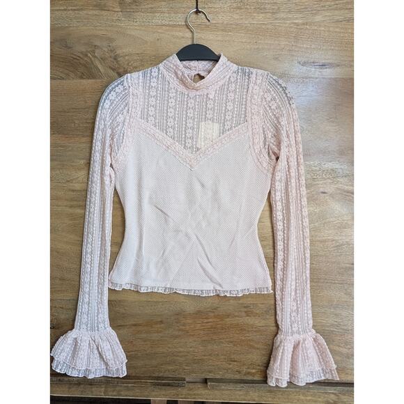 Free People Tops - Free People Blouse Top Womens XS Pink Lace Cotton Blend Long Sleeve Pullover NWT